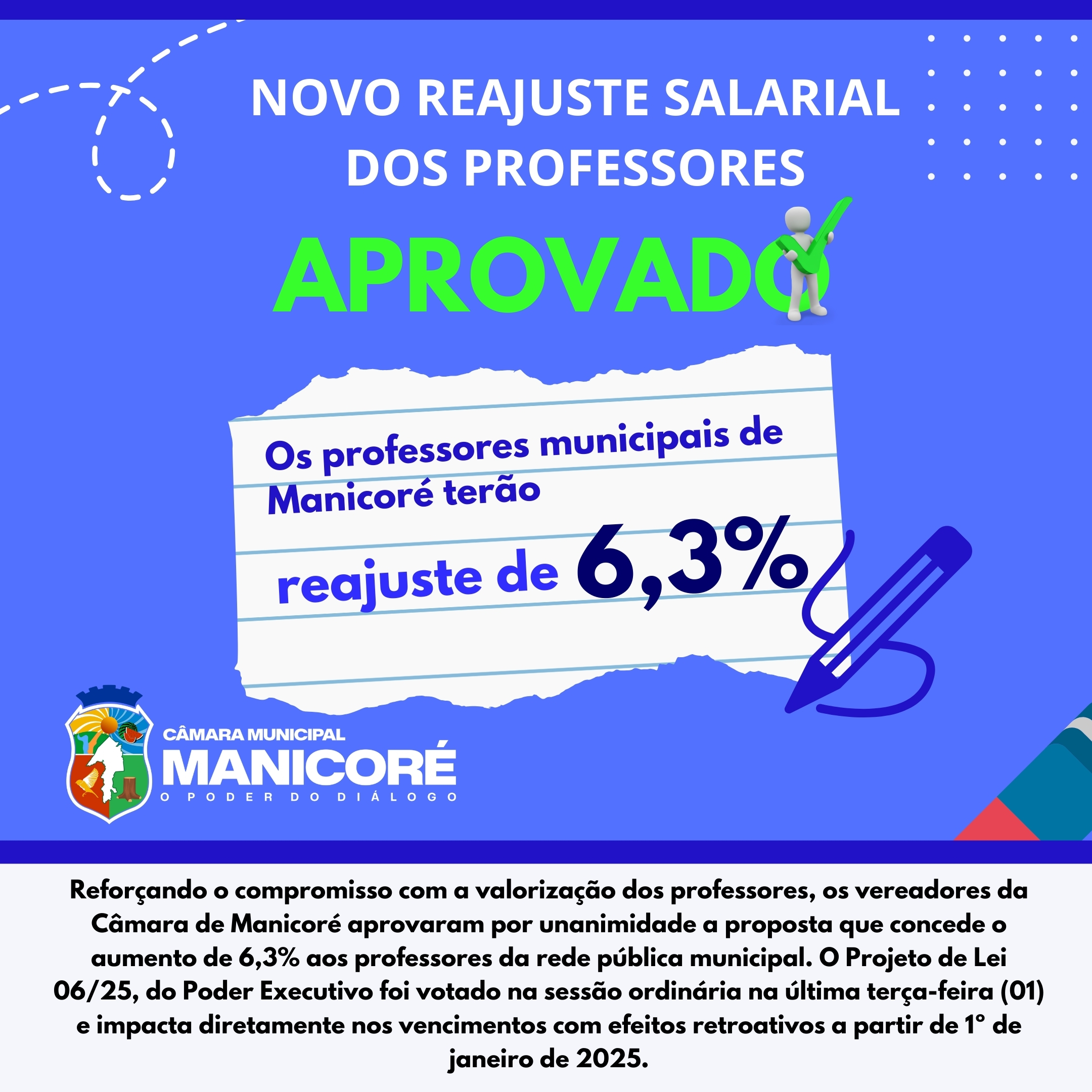 Câmara de Manicoré aprova reajuste de 6,3% a professores da rede municipal de ensino