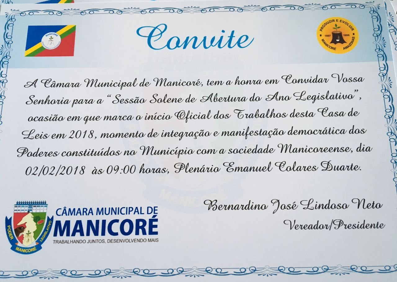 Convite para Sessão Solene de abertura dos trabalhos Legislativos